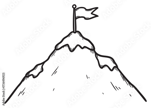 Simple line art of mountain peak with flag: minimalist black and white illustration of achievement – retro hand drawn illustration