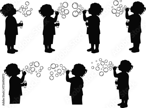 Child silhouette blowing bubbles, playful kid activity, outdoor fun illustration, bubble toy joy, carefree childhood moment, happy lifestyle, summer entertainment scene