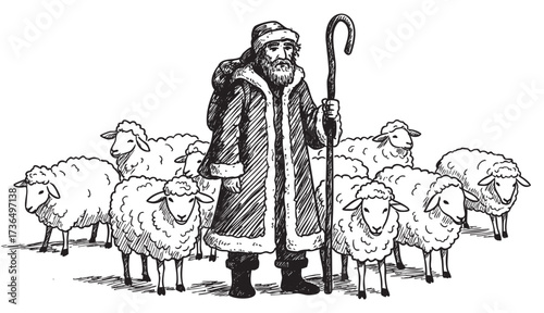 Mature caucasian male shepherd with flock of sheep in traditional attire illustration – retro hand drawn illustration
