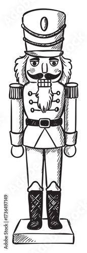 Hand-drawn nutcracker drawing in black and white with military uniform and hat – retro hand drawn illustration