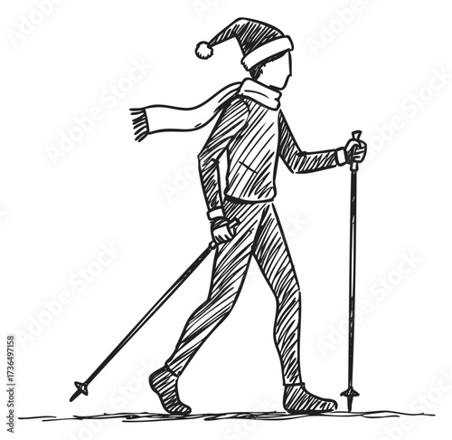 Sketch of caucasian adult male nordic walking in winter attire – retro hand drawn illustration