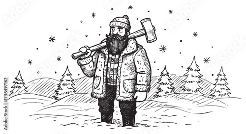 Bearded lumberjack in winter attire with axe in snowy forest – retro hand drawn illustration