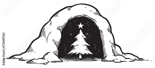 Christmas tree in snowy cave with starry sky illustration – retro hand drawn illustration
