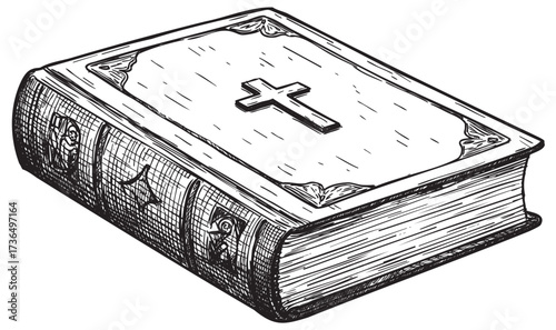 Detailed black and white drawing of a closed bible with a cross on the cover – retro hand drawn illustration