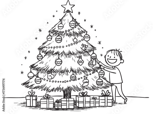 Child decorating christmas tree with ornaments and gifts – retro hand drawn illustration