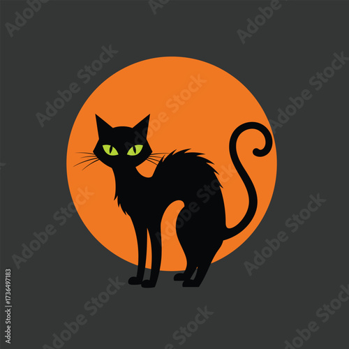 Spooky Black Cat Silhouette with Piercing Green Eyes Against a Bright Orange Full Moon for Halloween Celebrations