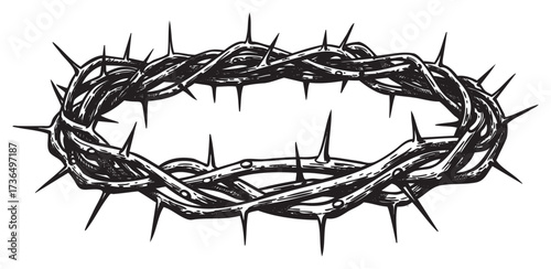 Detailed illustration of a crown of thorns with sharp spikes – retro hand drawn illustration