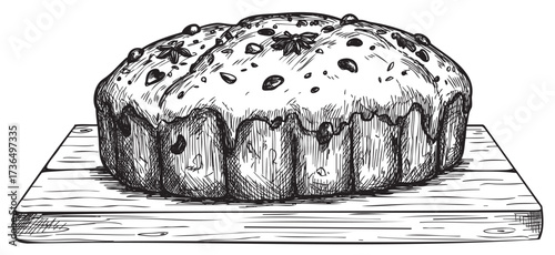 Hand-drawn iced fruit cake with raisins and nuts on a wooden board – retro hand drawn illustration