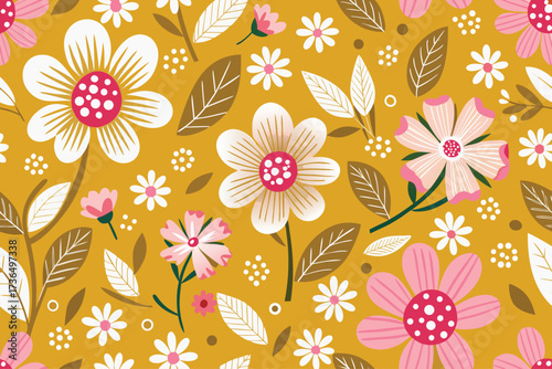 Seamless floral pattern with whimsical flowers and leaves on a mustard yellow background