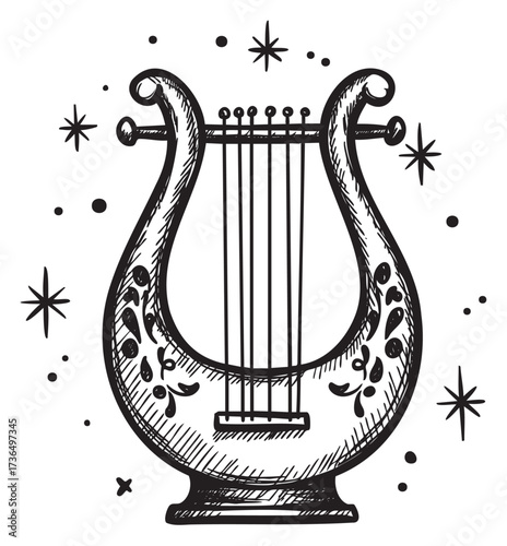 Hand-drawn vintage lyre with ornamental design and decorative stars – retro hand drawn illustration