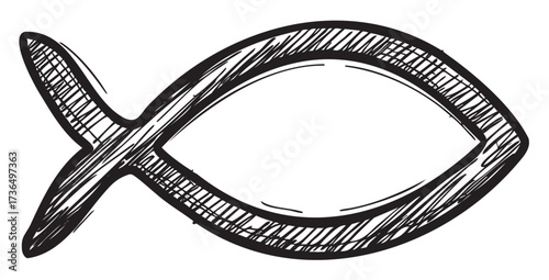 Hand-drawn christian ichthys symbol sketch in black and white – retro hand drawn illustration