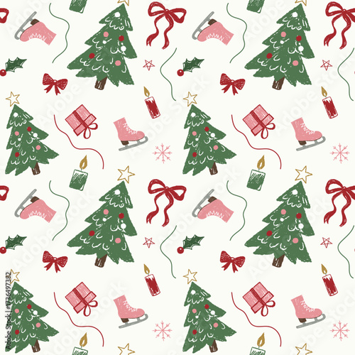 Christmas seamless pattern with cute chalk doodles. Crayon style. Green pink colors. Christmas trees, bows, stars