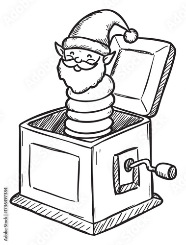 Elf figurine jack-in-the-box with santa hat and beard illustration – retro hand drawn illustration