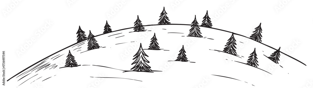 Obraz premium Black and white sketch of pine trees on a gently sloping hill landscape – retro hand drawn illustration