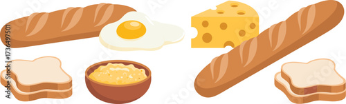 Assorted Bread, Cheese, and Fried Egg on White Background baguette toast