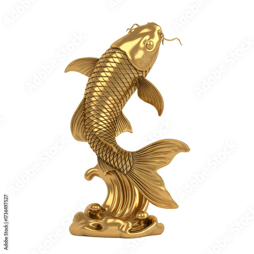 Golden koi fish statue feng shui decor oriental art sculpture home decoration object on transparent background