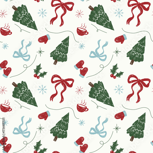 Christmas seamless pattern with cute chalk doodles. Crayon style. Christmas trees, bows, mittens