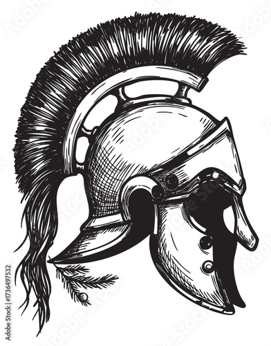 Ancient roman gladiator helmet with crest and feather design in black and white illustration – retro hand drawn illustration