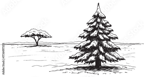 Winter scene with snow-covered evergreen and lone tree in black and white drawing – retro hand drawn illustration