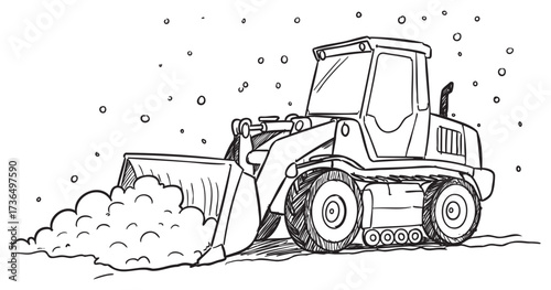 Snowy day with large bulldozer clearing path in detailed sketch illustration – retro hand drawn illustration