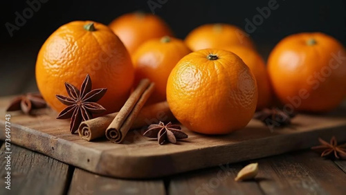 Fresh oranges with cinnamon sticks and anise. 