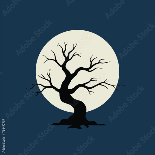 Eerie Halloween bare tree silhouette standing defiantly before a luminous full moon in the deep dark night