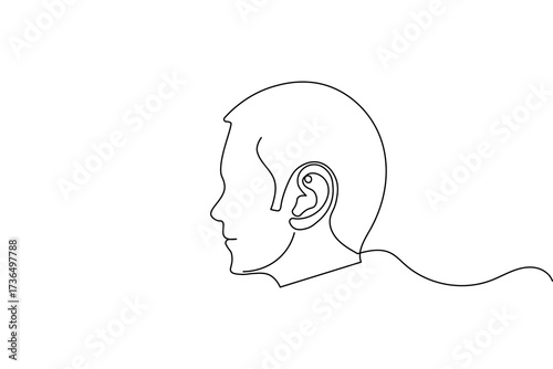Human ear icon in continuous one line drawing style. Minimalist outline isolated on a white background. Modern single line art vector illustration for design projects