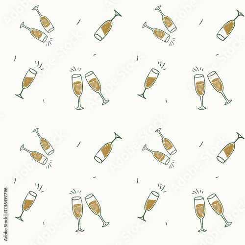 Seamless pattern with cute glasses. Crayon style. Background with wine champagne glasses