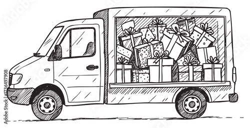 Delivery truck filled with gift boxes in sketch style – retro hand drawn illustration