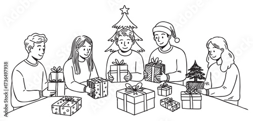 Caucasian teen friends exchanging gifts around christmas tree – retro hand drawn illustration