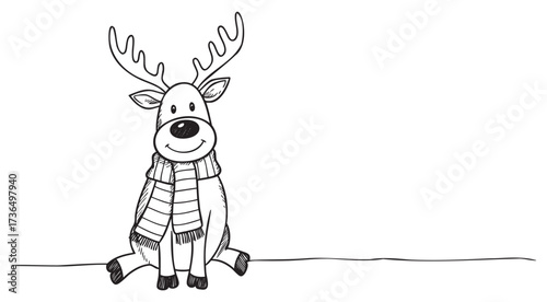 Cute hand-drawn reindeer with scarf in minimalist style – retro hand drawn illustration