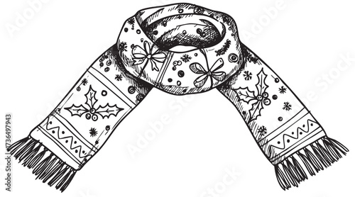 Festive winter scarf with holiday patterns and fringe design – retro hand drawn illustration