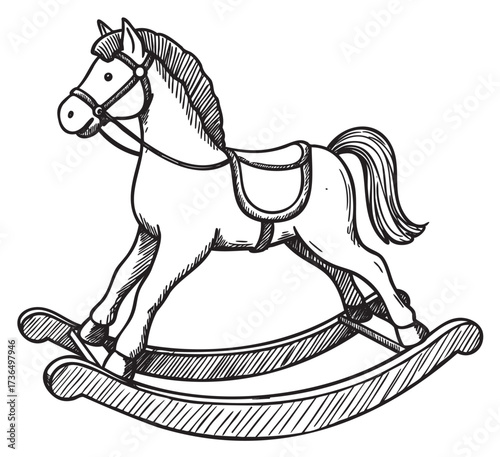 Sketch of a classic wooden rocking horse toy with saddle and bridle – retro hand drawn illustration