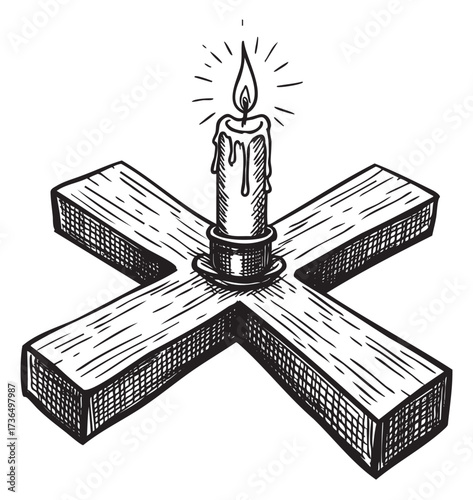 Hand-drawn candle on cross-shaped wooden base with dripping wax and flame – retro hand drawn illustration
