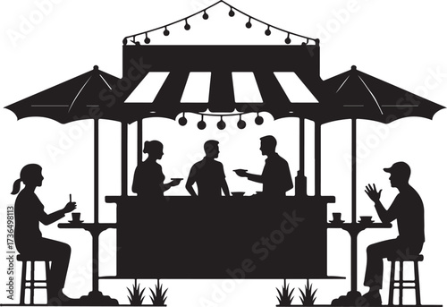 Silhouette of people at outdoor cafe stall with umbrellas and string lights
