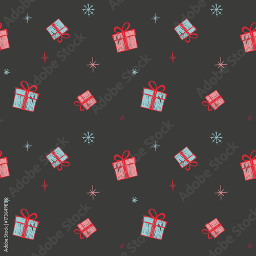 Seamless pattern with handdrawn present boxes. Crayon style. Festive winter dark background
