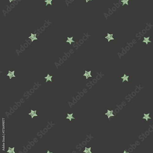 Seamless pattern with cute green stars. Crayon style. Dark festive background