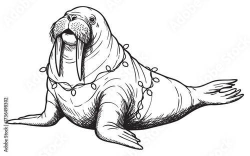 Walrus with holiday lights illustration in monochrome line art style – retro hand drawn illustration