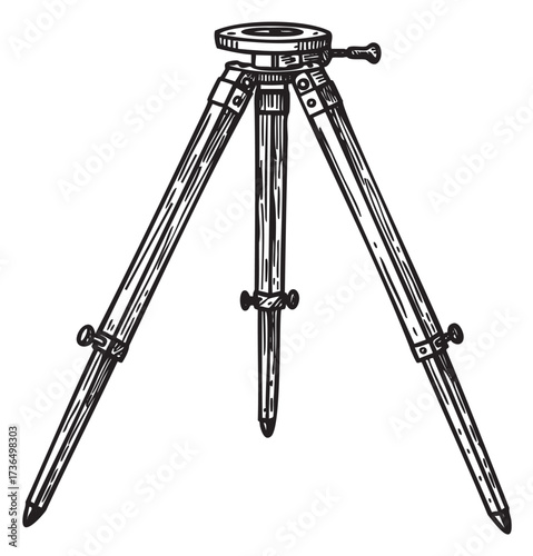 Vintage wooden tripod drawing with detailed construction elements – retro hand drawn illustration