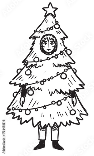 Festive christmas tree costume on caucasian male teen – retro hand drawn illustration