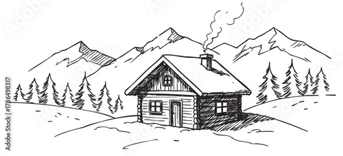 Cozy cabin in snowy mountain landscape with pine trees and smoke from chimney – retro hand drawn illustration