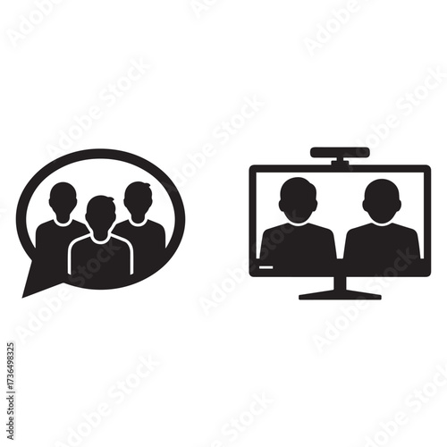 Black Icons of Group Chat and Video Conference on White