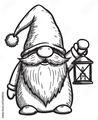 Whimsical gnome with lantern in hand-drawn black and white illustration – retro hand drawn illustration
