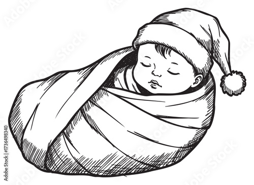 Cozy sleeping baby wrapped in blanket wearing santa hat sketch – retro hand drawn illustration