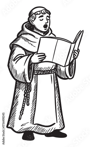 Medieval monk singing from book in traditional robe – retro hand drawn illustration