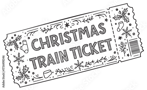 Festive christmas train ticket design with holiday decorations – retro hand drawn illustration