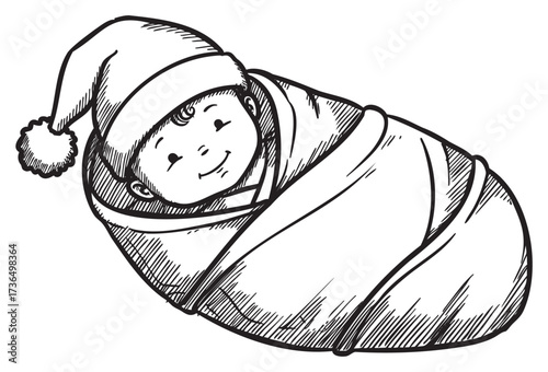 Smiling baby wrapped in blanket with hat sketch – retro hand drawn illustration