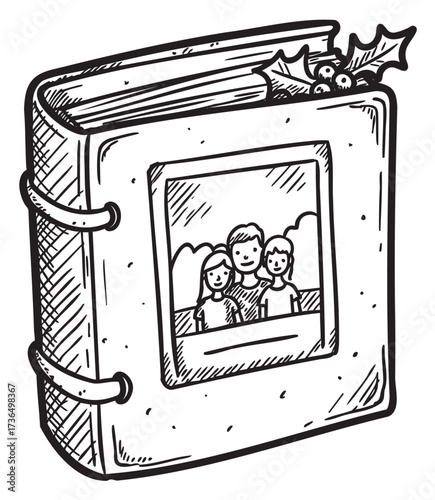 Hand-drawn family photo album with holly decoration and group portrait sketch – retro hand drawn illustration