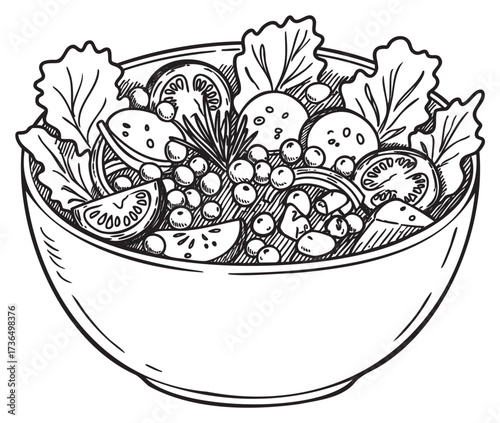 Black and white line art of a fresh salad bowl with lettuce and vegetables – retro hand drawn illustration