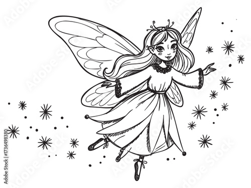Black and white fairy illustration with wings and sparkles – retro hand drawn illustration